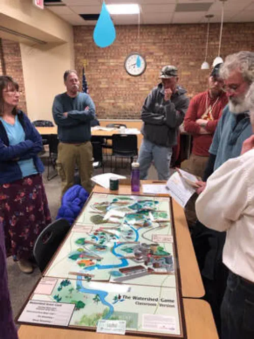 Watershed awareness game board surrounded by players